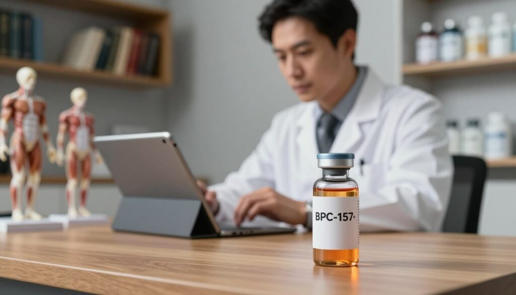 A close-up scene depicting a professional setting focused on the benefits of BPC-157 for muscle and joint recovery. In the foreground, a sleek, modern vial labeled "Flowpeptides" with vibrant liquid, reflecting light, sits on a polished wooden desk. In the middle, a well-dressed scientist, wearing a lab coat, is examining data on a tablet, surrounded by anatomical models of muscles and joints. The background features soft, diffused lighting that creates a calm and focused atmosphere, with shelves filled with research books and health supplements. The mood is inspirational and motivational, symbolizing optimization in healing and recovery. Use a shallow depth of field to emphasize the scientist and the vial, creating a sense of intimacy and professionalism.