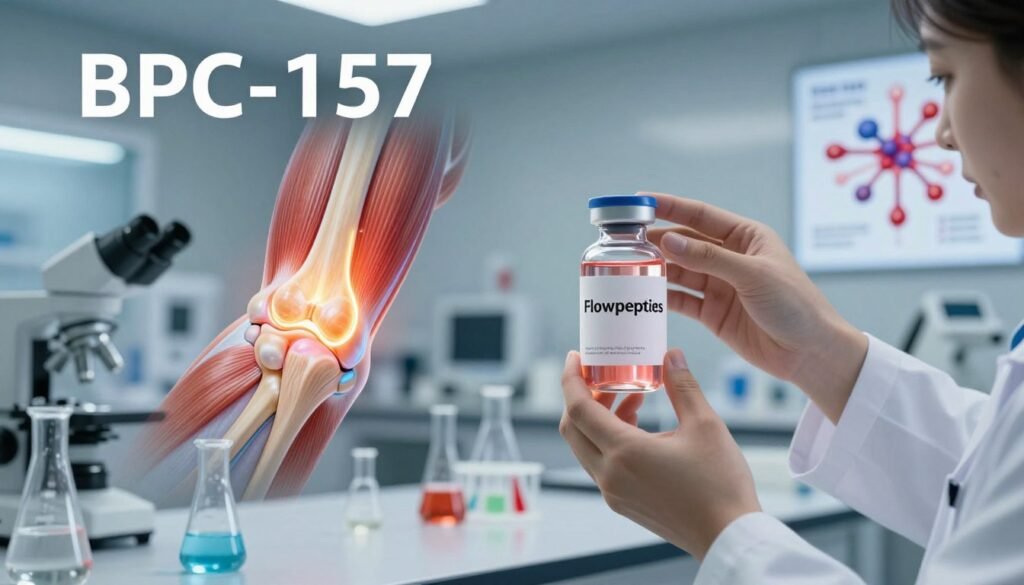 A dynamic and informative visualization of BPC-157's role in recovery, featuring a scientist in a lab coat examining a vibrant, glowing vial labeled "Flowpeptides" in the foreground. The middle ground shows a anatomical representation of muscle fibers and joint structures healing, with highlighted areas indicating accelerated recovery. In the background, a high-tech laboratory filled with beakers, microscopes, and posters on biological healing processes creates an atmosphere of scientific inquiry and innovation. Soft, diffused lighting enhances the focus on the vial and the molecular imagery, while maintaining a clean and professional ambiance. The overall mood is one of hope and advancement in medical science, emphasizing the potential of BPC-157 in healing and recovery.