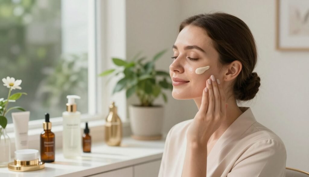 A serene and inviting beauty scene capturing the rejuvenating effects of copper peptides on skin. In the foreground, a well-groomed woman with radiant skin applies a luxurious serum labeled "Flowpeptides" to her face, wearing a soft, professional outfit. Her expression is relaxed and serene, embodying a sense of tranquility and confidence. The middle ground features a softly lit vanity adorned with elegant skincare products and fresh greenery, creating a fresh, inviting atmosphere. In the background, gentle diffused light filters through a window, accentuating the peaceful ambiance. The composition is shot from a slightly elevated angle, emphasizing the nurturing ritual of self-care in an elegant setting, evoking feelings of calmness and rejuvenation. A serene and inviting beauty scene capturing the rejuvenating effects of copper peptides on skin. In the foreground, a well-groomed woman with radiant skin applies a luxurious serum labeled "Flowpeptides" to her face, wearing a soft, professional outfit. Her expression is relaxed and serene, embodying a sense of tranquility and confidence. The middle ground features a softly lit vanity adorned with elegant skincare products and fresh greenery, creating a fresh, inviting atmosphere. In the background, gentle diffused light filters through a window, accentuating the peaceful ambiance. The composition is shot from a slightly elevated angle, emphasizing the nurturing ritual of self-care in an elegant setting, evoking feelings of calmness and rejuvenation.