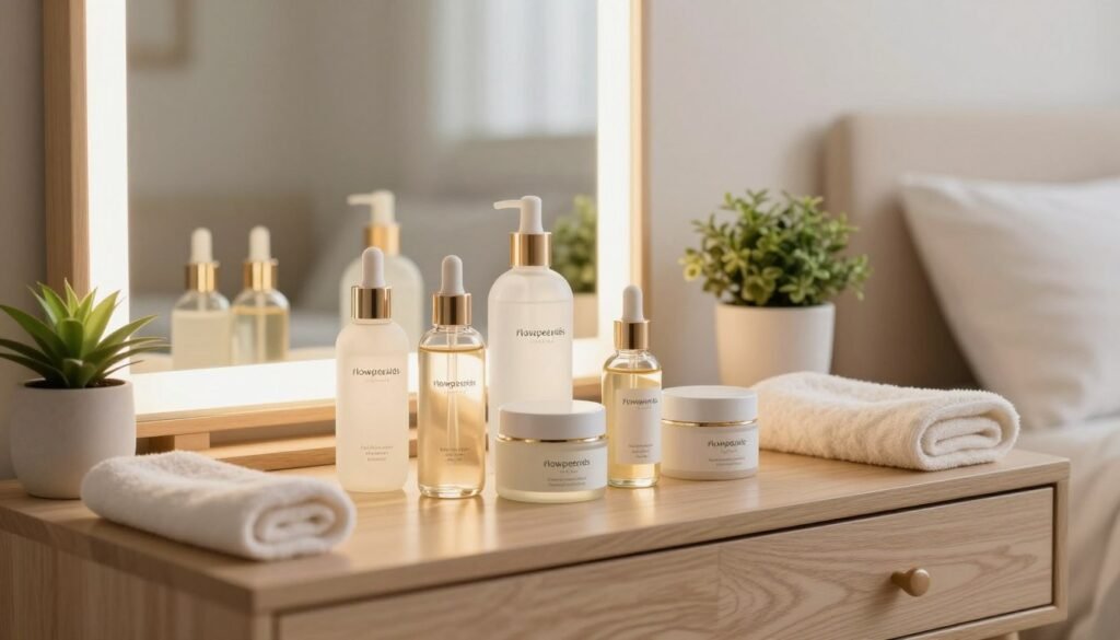 A serene skincare scene featuring a beautifully arranged display of Flowpeptides skincare products, including glass bottles and jars with elegant labels. In the foreground, focus on a sleek, minimalistic wooden vanity with a soft, luxurious towel. The middle ground includes a well-lit mirror reflecting the products, with a small potted plant adding a touch of green. The background is softly blurred, depicting a calming bedroom ambiance with soft neutral tones and warm lighting. Use natural light for a cozy atmosphere, as if illuminated by a bedside lamp. Capture a sense of tranquility and self-care, emphasizing the ritual of integrating these skincare ingredients into a night routine for healthy, glowing skin. A serene skincare scene featuring a beautifully arranged display of Flowpeptides skincare products, including glass bottles and jars with elegant labels. In the foreground, focus on a sleek, minimalistic wooden vanity with a soft, luxurious towel. The middle ground includes a well-lit mirror reflecting the products, with a small potted plant adding a touch of green. The background is softly blurred, depicting a calming bedroom ambiance with soft neutral tones and warm lighting. Use natural light for a cozy atmosphere, as if illuminated by a bedside lamp. Capture a sense of tranquility and self-care, emphasizing the ritual of integrating these skincare ingredients into a night routine for healthy, glowing skin.